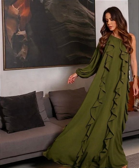 VESTIDO LONGO CHIFFON OMBRO SÓ COM BABADOS LATERAIS VERDE OLIVA