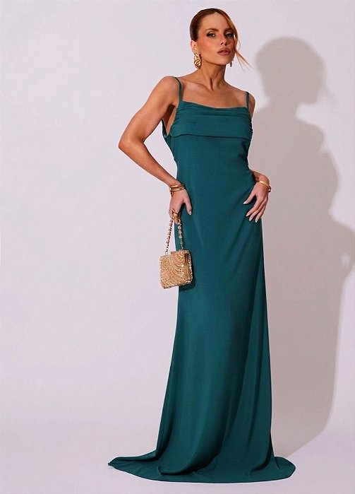 VESTIDO LONGO CREPE DE SEDA DE ALCINHA COM DETALHE DRAPEADO NO BUSTO VERDE PETRÓLEO