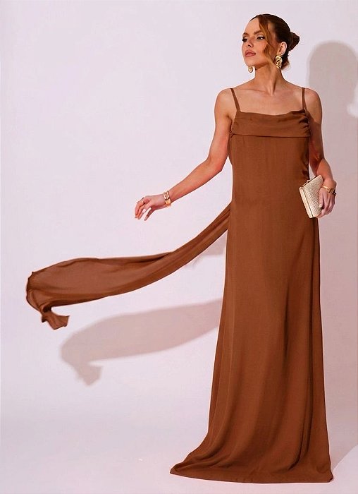 VESTIDO LONGO CREPE DE SEDA DE ALCINHA COM DETALHE DRAPEADO NO BUSTO MARROM