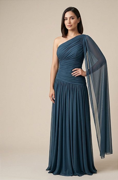 VESTIDO LONGO MICROTULE OMBRO SÓ MANGA CAPA AZUL MARINHO