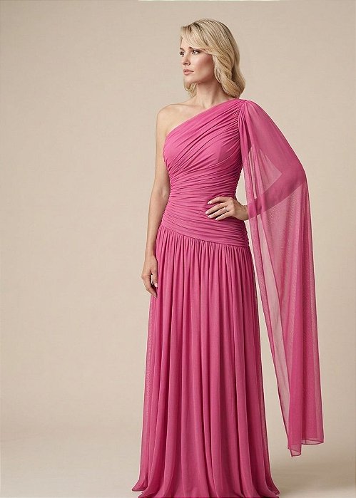 VESTIDO LONGO MICROTULE OMBRO SÓ MANGA CAPA PINK