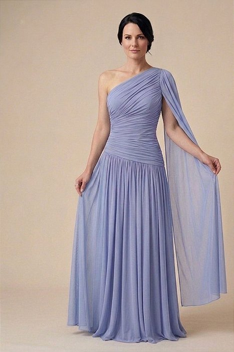 VESTIDO LONGO MICROTULE OMBRO SÓ MANGA CAPA AZUL SERENITY