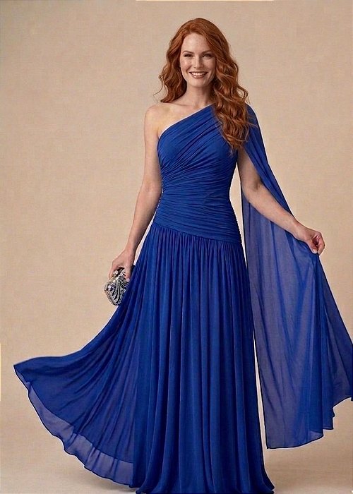 VESTIDO LONGO MICROTULE OMBRO SÓ MANGA CAPA AZUL ROYAL