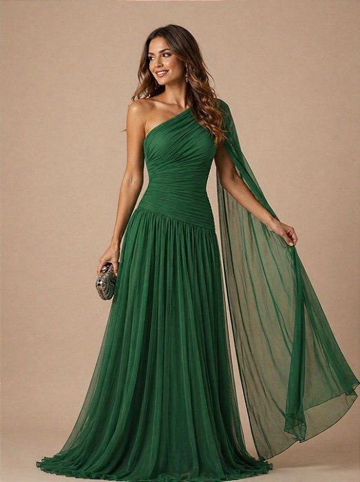 VESTIDO LONGO MICROTULE OMBRO SÓ MANGA CAPA VERDE BANDEIRA