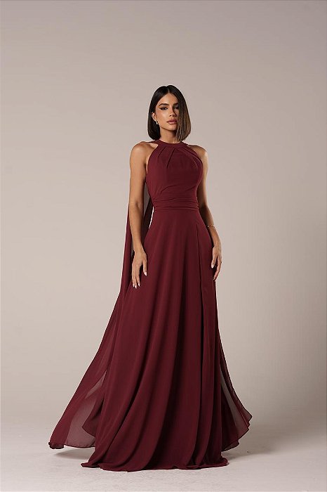 VESTIDO LONGO CREPE DE SEDA GOLA ALTA PREGA NO BUSTO E CAPA MARSALLA