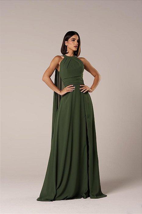 VESTIDO LONGO CREPE DE SEDA GOLA ALTA PREGA NO BUSTO E CAPA VERDE OLIVA