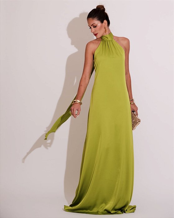 VESTIDO LONGO GOLA ALTA SEDA COM AMARRAÇÃO COSTA NUA VERDE LIMA