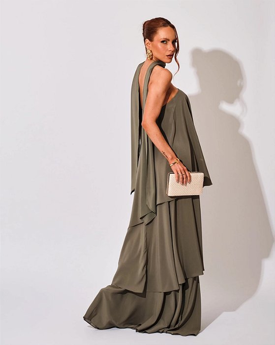 VESTIDO LONGO TOMARA QUE CAIA COM CAMADAS E GOLA VERDE OLIVA