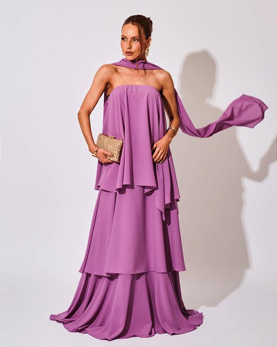 VESTIDO LONGO TOMARA QUE CAIA COM CAMADAS E GOLA ROXO