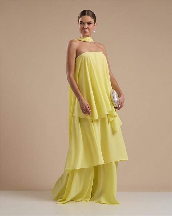 VESTIDO LONGO TOMARA QUE CAIA COM CAMADAS E GOLA AMARELO