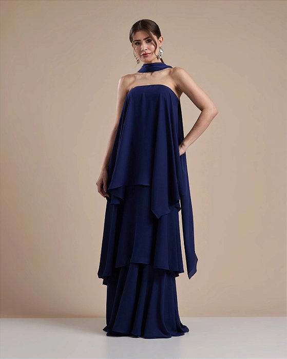 VESTIDO LONGO TOMARA QUE CAIA COM CAMADAS E GOLA MARINHO