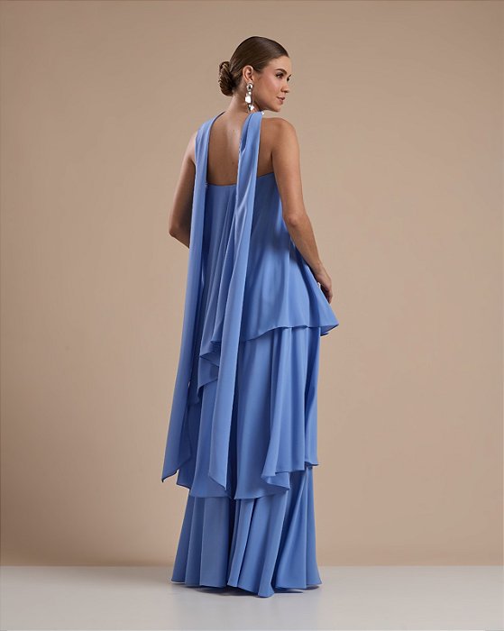 VESTIDO LONGO TOMARA QUE CAIA COM CAMADAS E GOLA  AZUL SERENITY