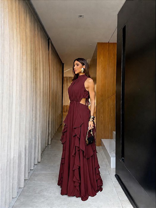 VESTIDO LONGO CHIFON GOLA ALTA CAMADAS VERTICAIS COSTA NUA MARSALA
