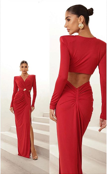 VESTIDO LONGO JERSEY GOLA RETA COM ABERTURA LATERAL VERMELHO