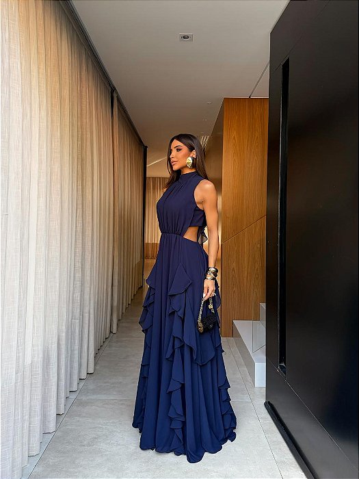 VESTIDO LONGO CHIFON GOLA ALTA CAMADAS VERTICAIS COSTA NUA AZUL MARINHO