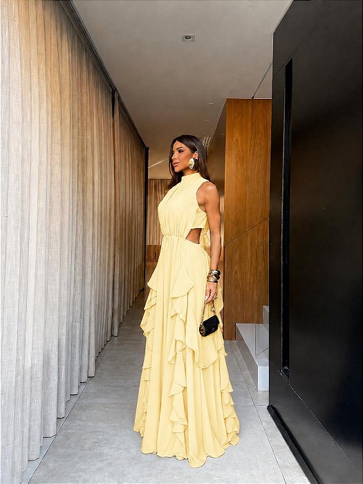 VESTIDO LONGO CHIFON GOLA ALTA CAMADAS VERTICAIS COSTA NUA AMARELA