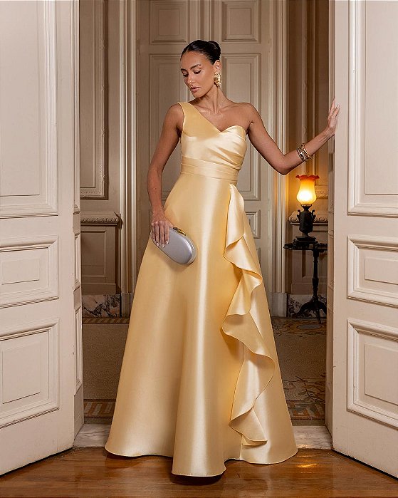 VESTIDO LONGO ZIBELINE OMBRO SO COM BABADO PERNA AMARELO