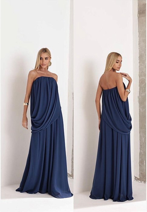 VESTIDO LONGO CHIFON TOMARA QUE CAIA TECIDO SOBREPOSTO AZUL MARINHO
