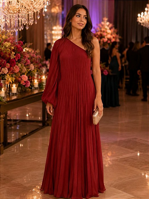 VESTIDO LONGO CHIFON PLISSADO OMBRO SO MARSALA