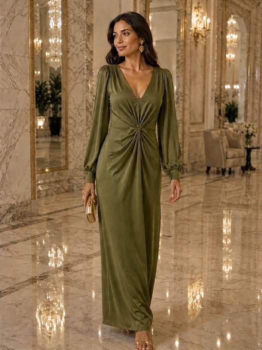 VESTIDO JERSEY M L DECOTE PROFUNDO COM NO VERDE OLIVA