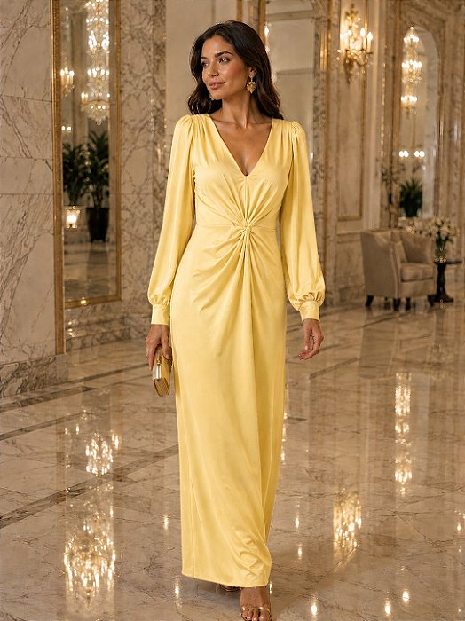 VESTIDO JERSEY M L DECOTE PROFUNDO COM NO AMARELO