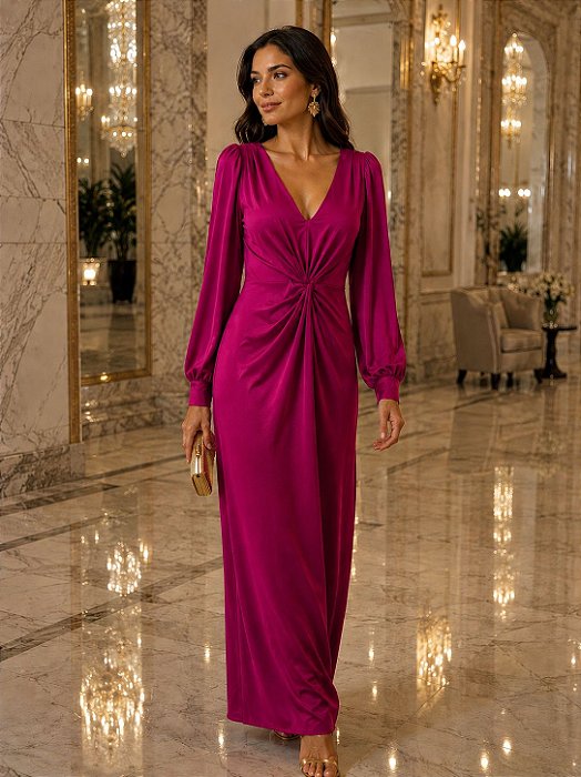 VESTIDO JERSEY M L DECOTE PROFUNDO COM NO FUCSIA