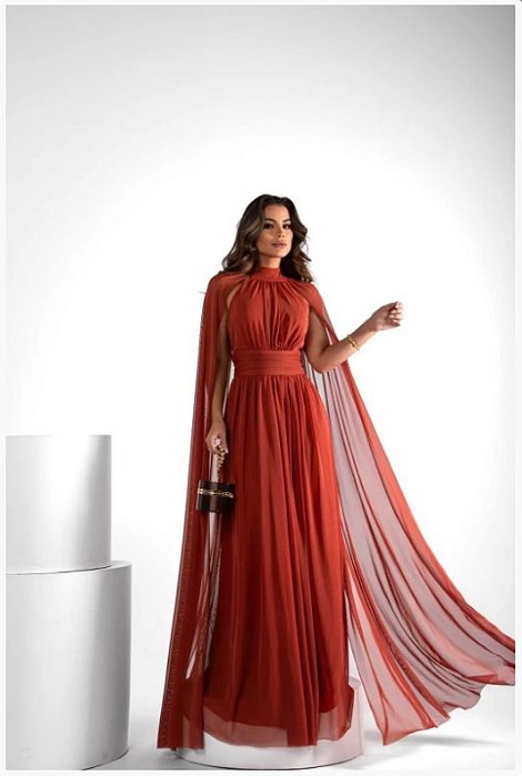 VESTIDO LONGO MICROTUILE  COM MANGA CAPA TERRACOTA