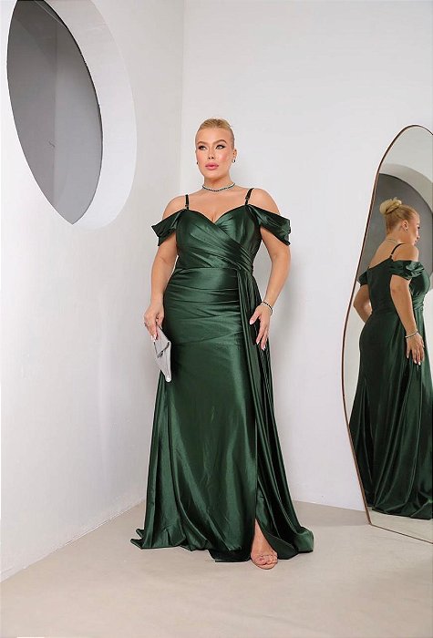 VESTIDO LONGO JERSEY OMBRO A OMBRO MANGUINHA E ALÇA FINA VERDE ESMERALDA