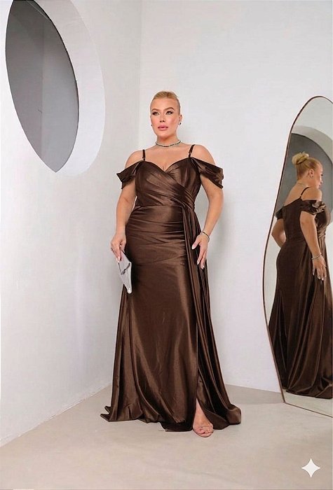 VESTIDO LONGO JERSEY OMBRO A OMBRO MANGUINHA E ALÇA FINA MARRON