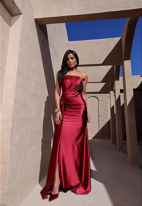 VESTIDO LONGO JERSEY TOMARA QUE CAIA DECOTE DETALHE BUSTO TRANSPASSADO MARSALA