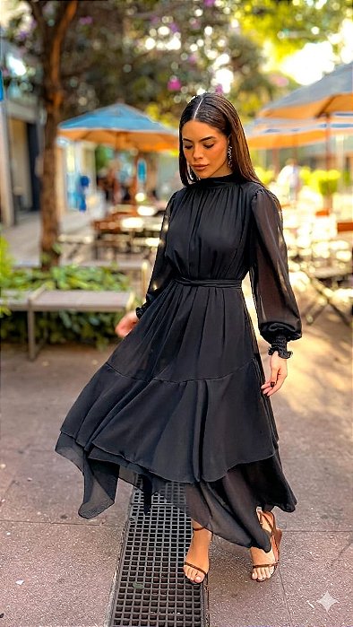 VESTIDO MIDI MANGA LONGA GOLA ALTA SAIA COM CAMADA PRETO