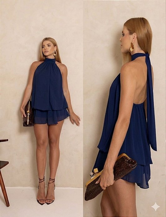 VESTIDO CURTO CHIFON NO ESTILO DE UM MACAQUINHO COSTA NUA AZUL MARINHO