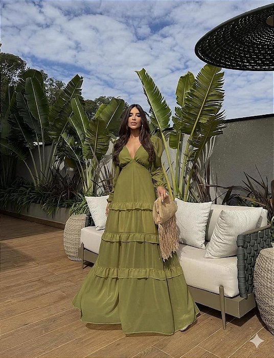 VESTIDO LONGO CHIFON MANGA LONGA COM BABADO NA SAIA AMARRAÇÃO COSTAS VERDE OLIVA