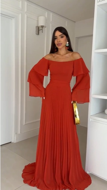 VESTIDO LONGO CHIFON OMBRO A OMBRO COM BABADO NA MANGA COMPRIMENTO PLISSADO TERRACOTA