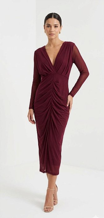VESTIDO MIDI MICROTULE MANGA LONGA DECOTE V DRAPEADO MARSALA