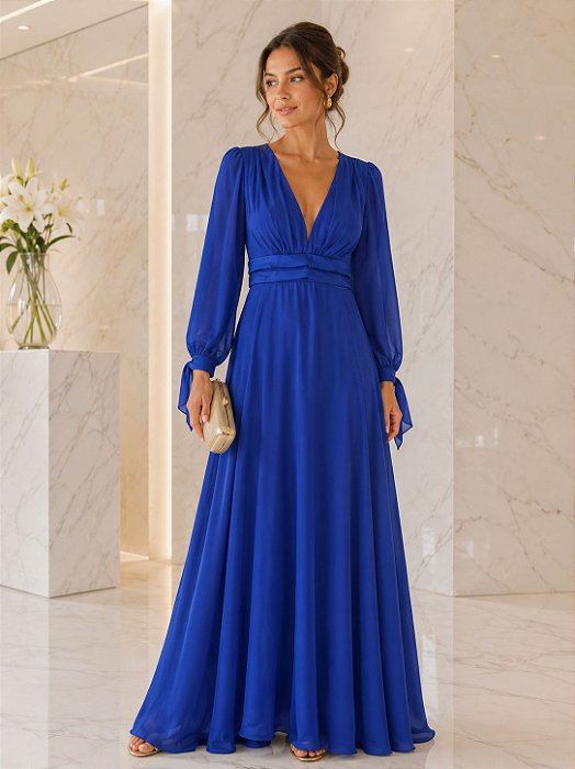 VESTIDO LONGO CHIFON MANGA LONGA COM DETALHE DECOTE V COM DETALHE ABAIXO DO BUSTO AZUL ROYAL