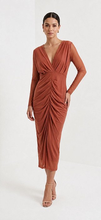 VESTIDO MIDI MICROTULE MANGA LONGA DECOTE V DRAPEADO TERRACOTA