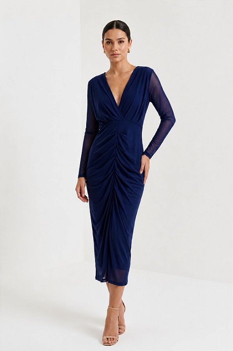 VESTIDO MIDI MICROTULE MANGA LONGA DECOTE V DRAPEADO AZUL MARINHO