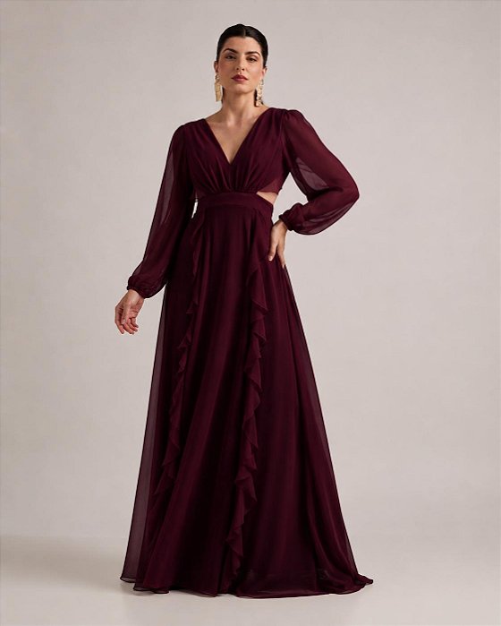 VESTIDO LONGO CHIFON MANGA LONGA RECORTE CINTURA COM BABADOS VERTICAIS MARSALA