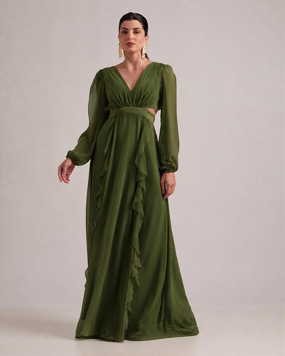 VESTIDO LONGO CHIFON MANGA LONGA RECORTE CINTURA COM BABADOS VERTICAIS VERDE OLIVA