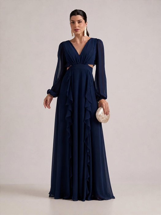 VESTIDO LONGO CHIFON MANGA LONGA RECORTE CINTURA COM BABADOS VERTICAIS AZUL MARINHO