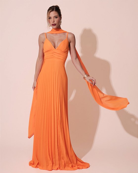 VESTIDO LONGO CHIFFON DE ALCINHA DECOTE TRES BABADOS SAIA PLISSADA LARANJA