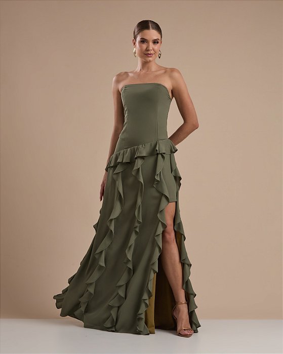 VESTIDO LONGO CHIFON TOMARA QUE CAIA COMPRIMENTO COM BABADOS VERTICAIS VERDE OLIVA