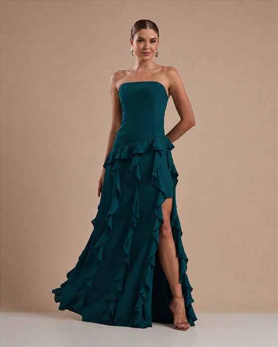 VESTIDO LONGO CHIFON TOMARA QUE CAIA COMPRIMENTO COM BABADOS VERTICAIS VERDE PETRÓLEO