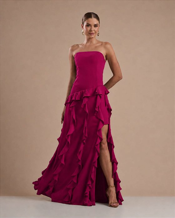 VESTIDO LONGO CHIFON TOMARA QUE CAIA COMPRIMENTO COM BABADOS VERTICAIS FÚCSIA