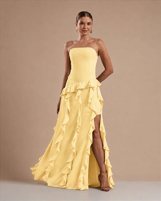 VESTIDO LONGO CHIFON TOMARA QUE CAIA COMPRIMENTO COM BABADOS VERTICAIS AMARELO MANTEIGA