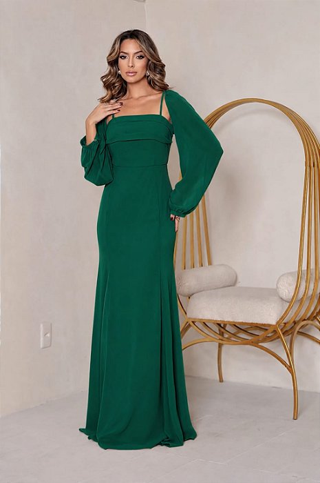 VESTIDO LONGO CHIFON ALÇA FINA COM BOLERO REMOVÍVEL VERDE ESMERALDA