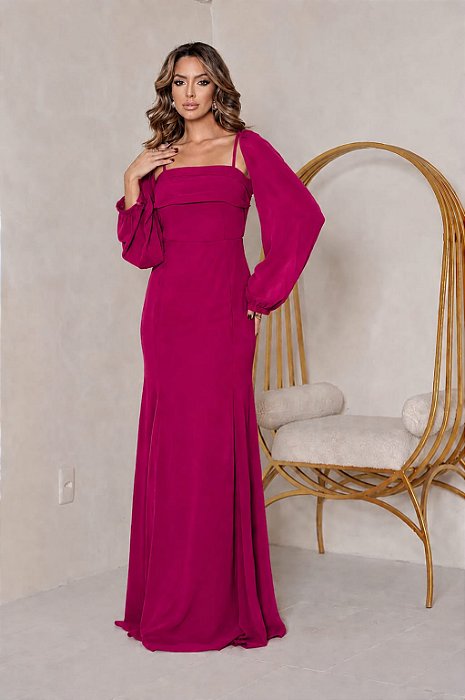 VESTIDO LONGO CHIFON ALÇA FINA COM BOLERO REMOVÍVEL FUCSIA