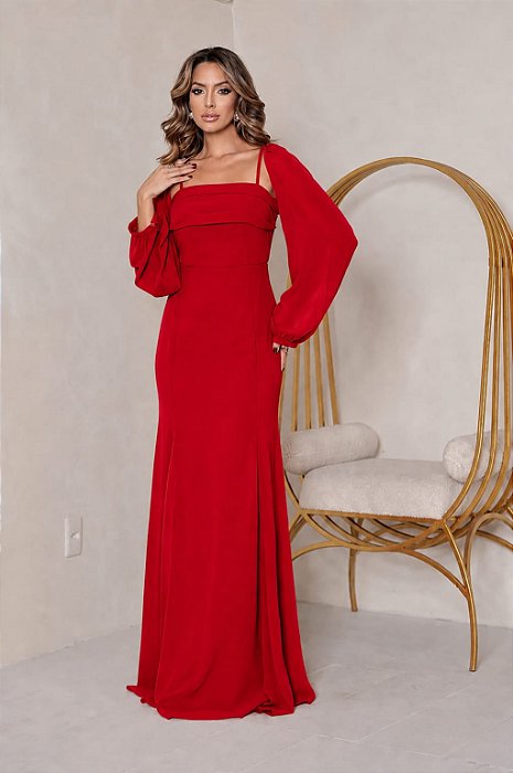 VESTIDO LONGO CHIFON ALÇA FINA COM BOLERO REMOVÍVEL TERRACOTA
