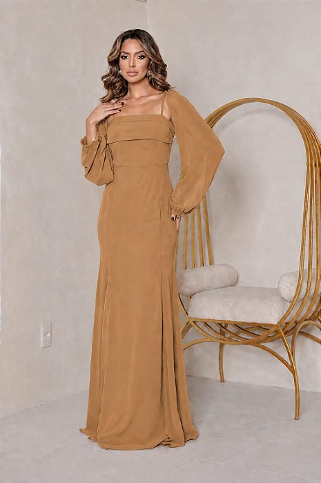 VESTIDO LONGO CHIFON ALÇA FINA COM BOLERO REMOVÍVEL CARAMELO